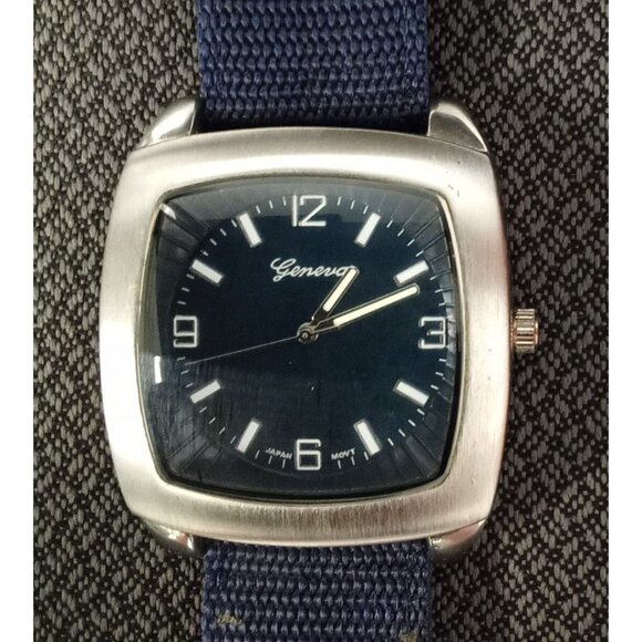 Geneva Blue Dial Square Face Watch With Navy Nylon Strap Stainless Steel Back Ja - Picture 1 of 7